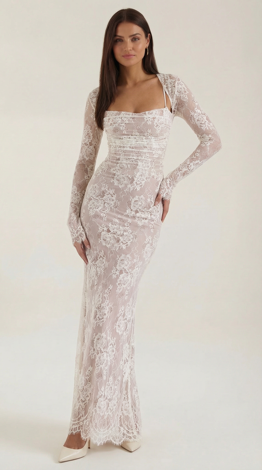 Lace Maxi Dress for Women - Elegant Long Dress with Sleeves - Perfect for Formal Events and Special Occasions