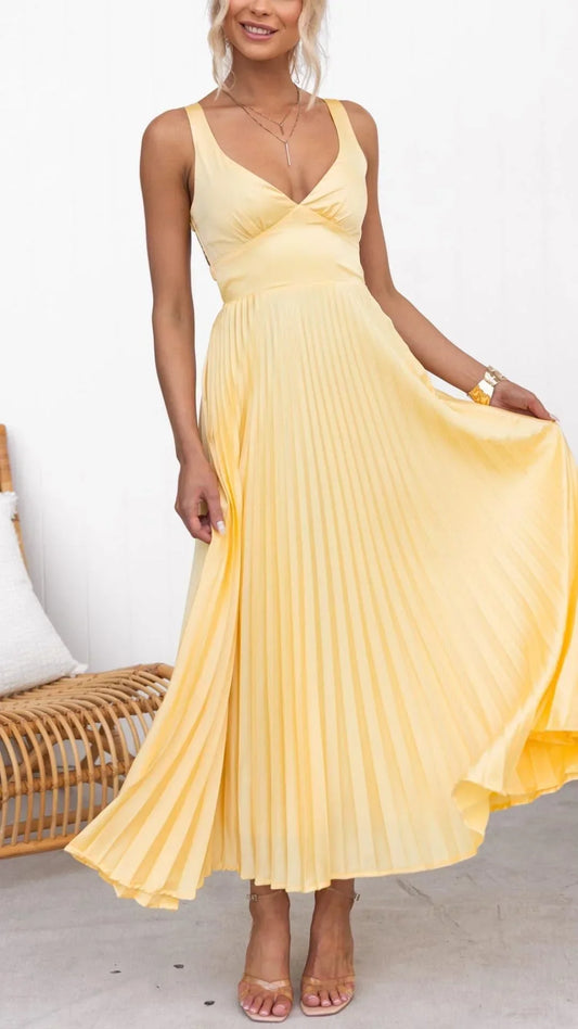 Mandy | Elegant Yellow Pleated V-Neck Maxi Dress
